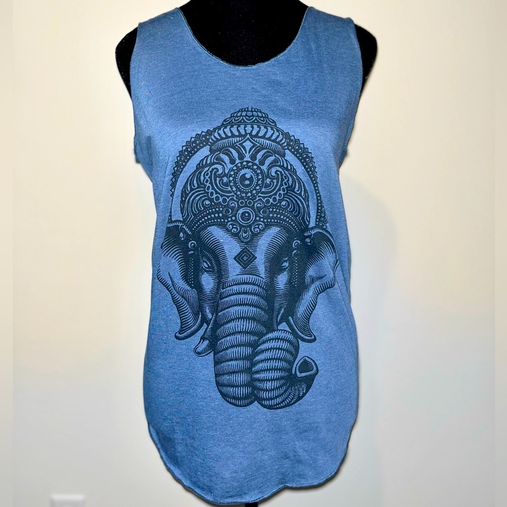 OurWellnessSerenity Blue breathable linen unisex elephant print tank top